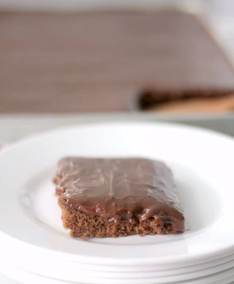 Chocolate Sheet Cake slice on plate