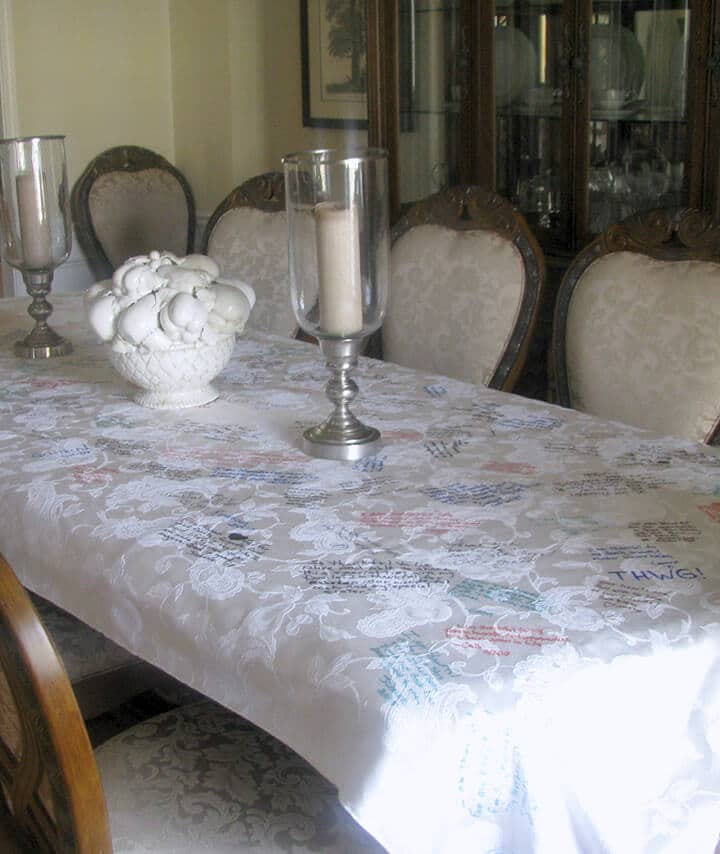 A tablecloth with writing on a table with candelabras for a fun Thanksgiving tradition.