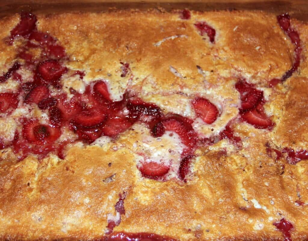 STrawberry Cobbler baked in a 9x13 dish. 