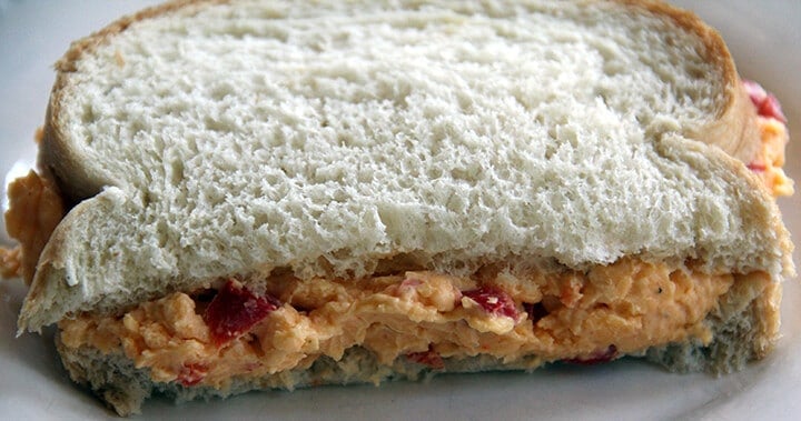 A homemade pimento cheese sandwich like the Masters pimento cheese sandwich.