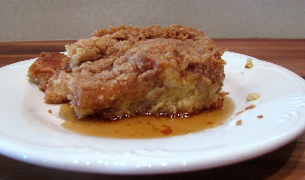 Baked French toast casserole on a plate.