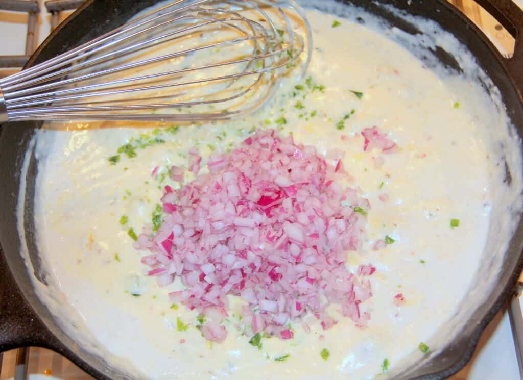 queso sauce with red onions and a whisk