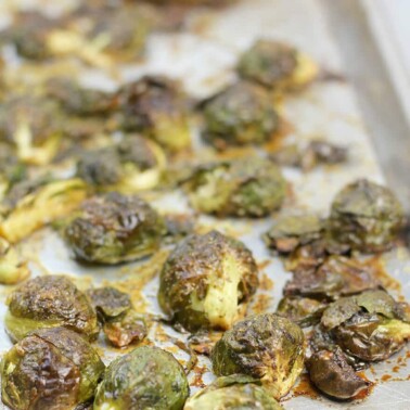 Roasted Brussels Sprouts closeup on a baking sheet.