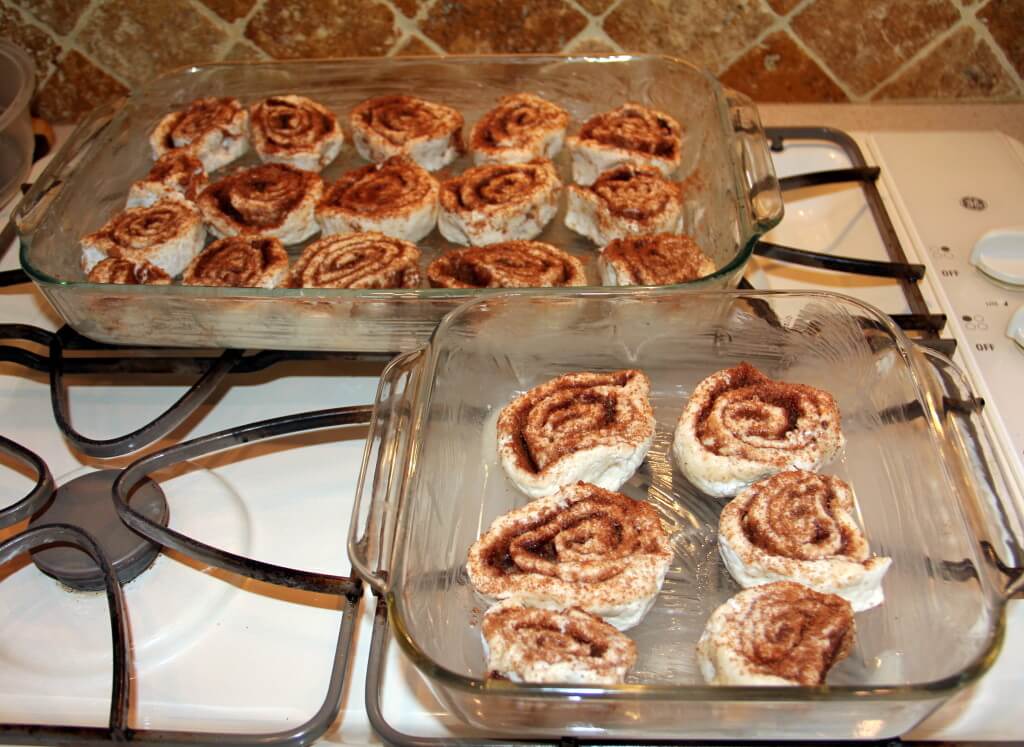 unbaked cinnamon rolls place in a 9x13 dish