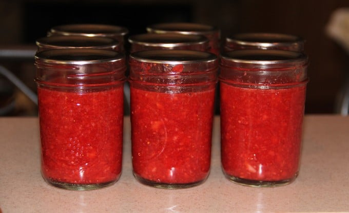 strawberry freezer jam in jars