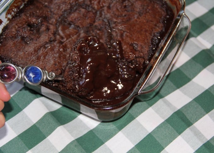 Chocolated cobbler makes its own gooey, chocolate sauce in the bottom.