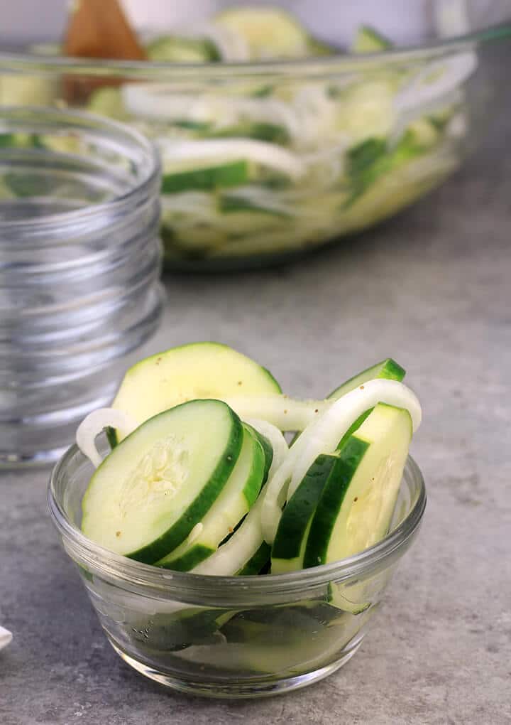 Cucumber vinegar salad in a serving bowl.