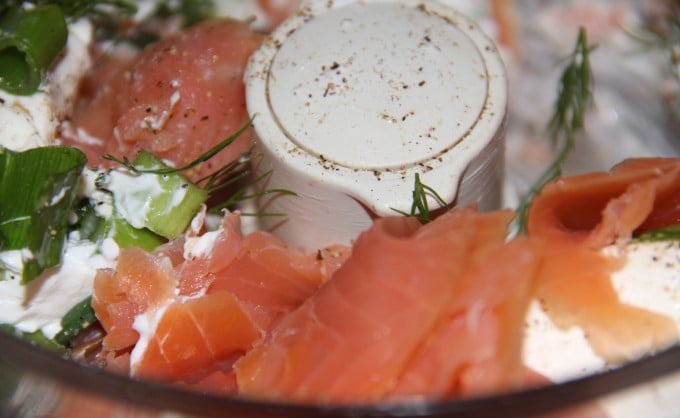 adding smoked salmon to food processor