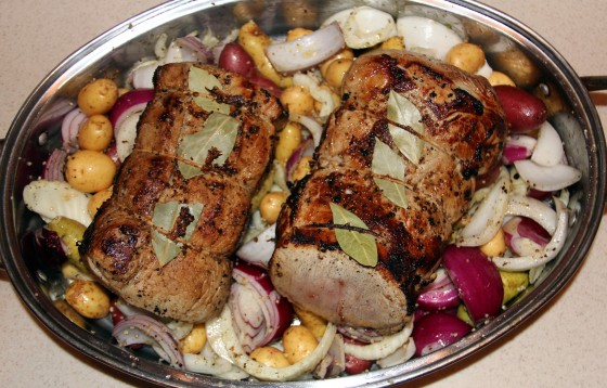 seared pork in roasting pan