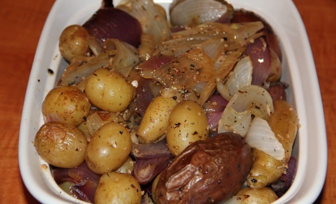 potatoes, onion, and fennel in dish