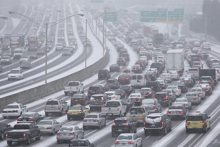 Photo of the massive gridlock on Atlanta roads due to the Atlanta snow storm.