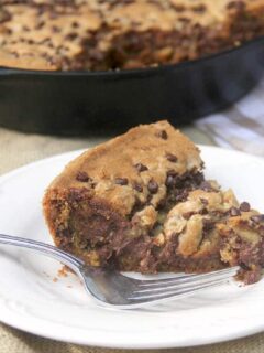 Chocolate Chip Cookie Pie is made with semi-sweet and milk chocolate chips, extra brown sugar and butter—and more chocolate sprinkled on top!