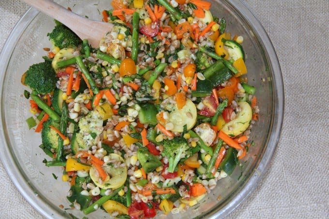 Fresh Vegetables mixed with brown rice or farro | inasouthernkitchen.com