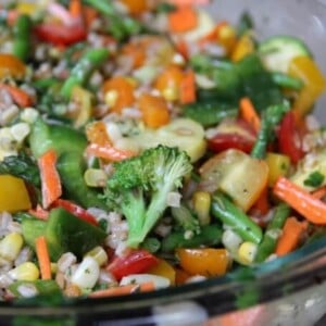 A bowl of farro and vegetable salad.