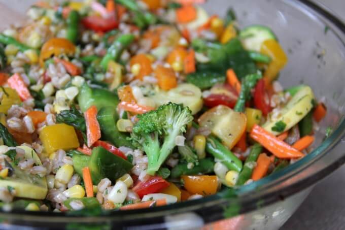 A bowl of farro and vegetable salad.
