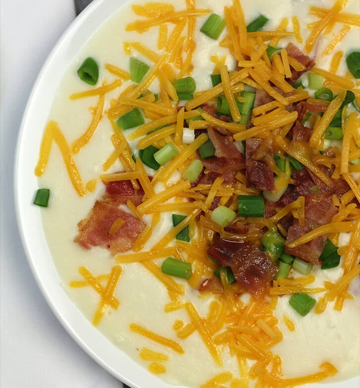 Easy Potato Soup that’s done in 45 minutes–it’s creamy, buttery, cheesy comfort food! Top with bacon