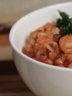 bowl of shrimp, farro, and tomato risotto