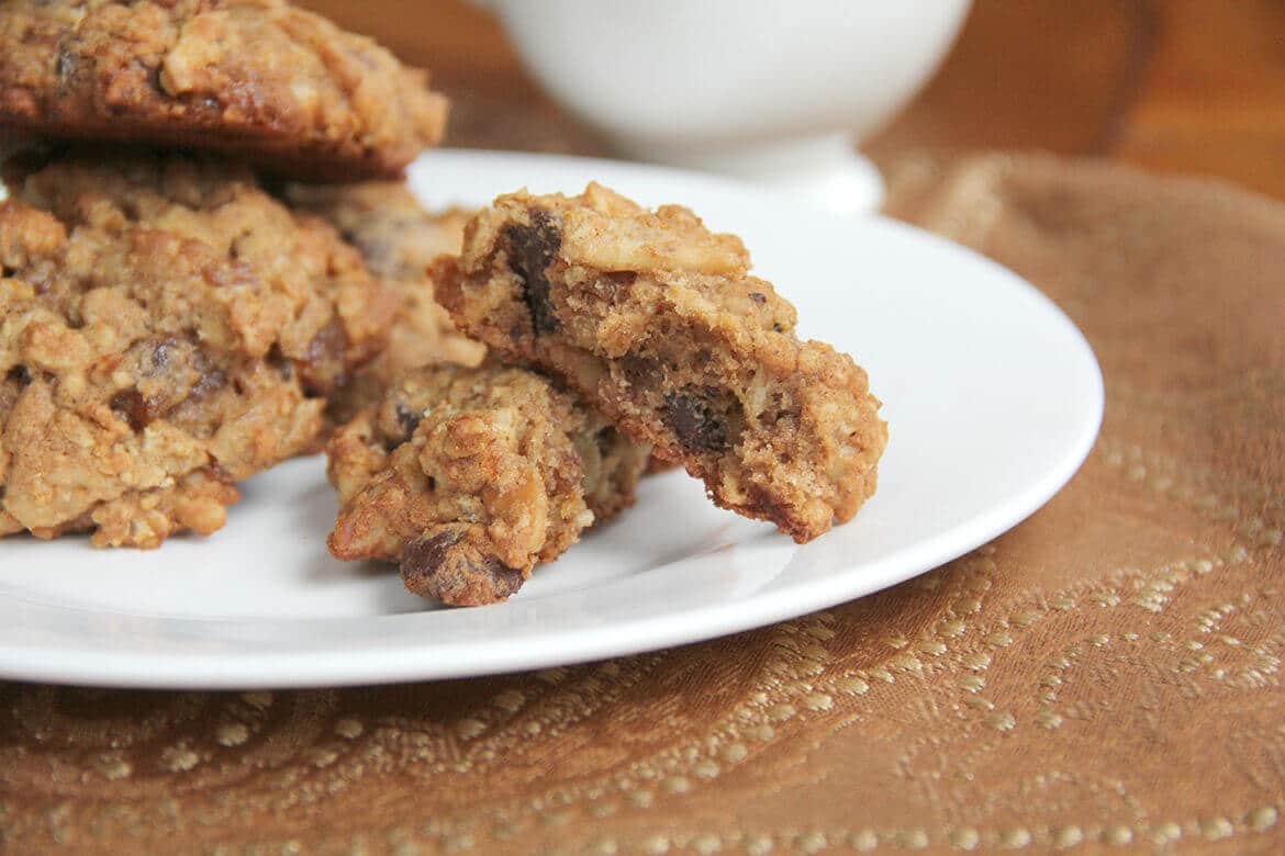 Hearty, healthy breakfast cookies made with whole wheat flour and filled with dates, walnuts, oats, and chocolate.