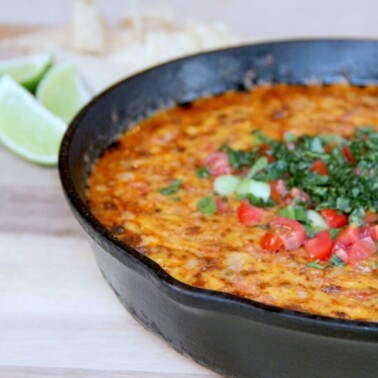 Pimento Cheese Queso Fundido with Chorizo--spicy, cheesy, and a favorite appetizer!