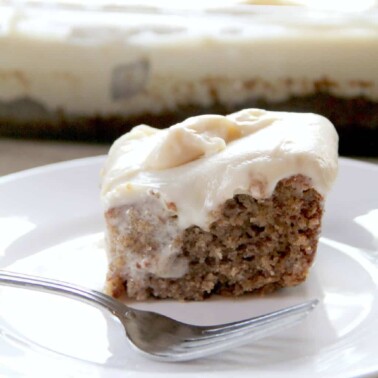 Banana Cake with Cream Cheese Frosting—moist, spicy banana cake with tangy cream cheese frosting!