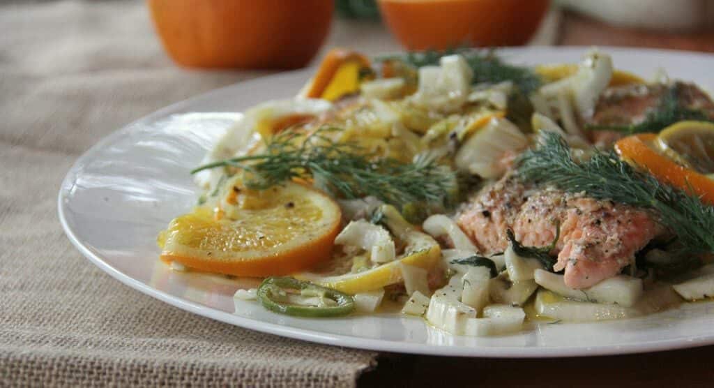 Salmon with Fennel and Citrus slices.