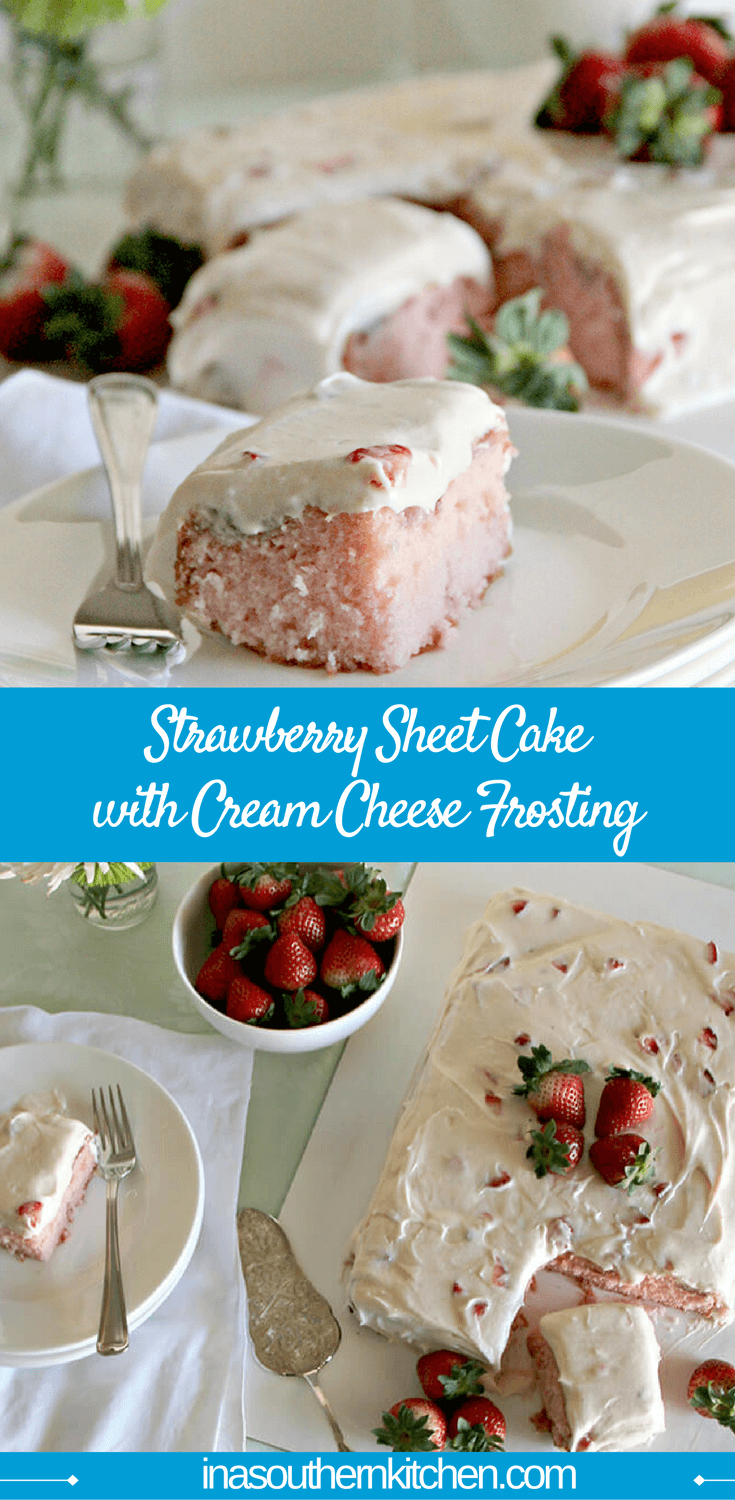 A luscious strawberry sheet cake with fresh strawberries and cream cheese frosting that's always a crowd-pleaser and easy to take along for potlucks.