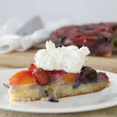 Slice of Peach and Blueberry Upside Down Cake