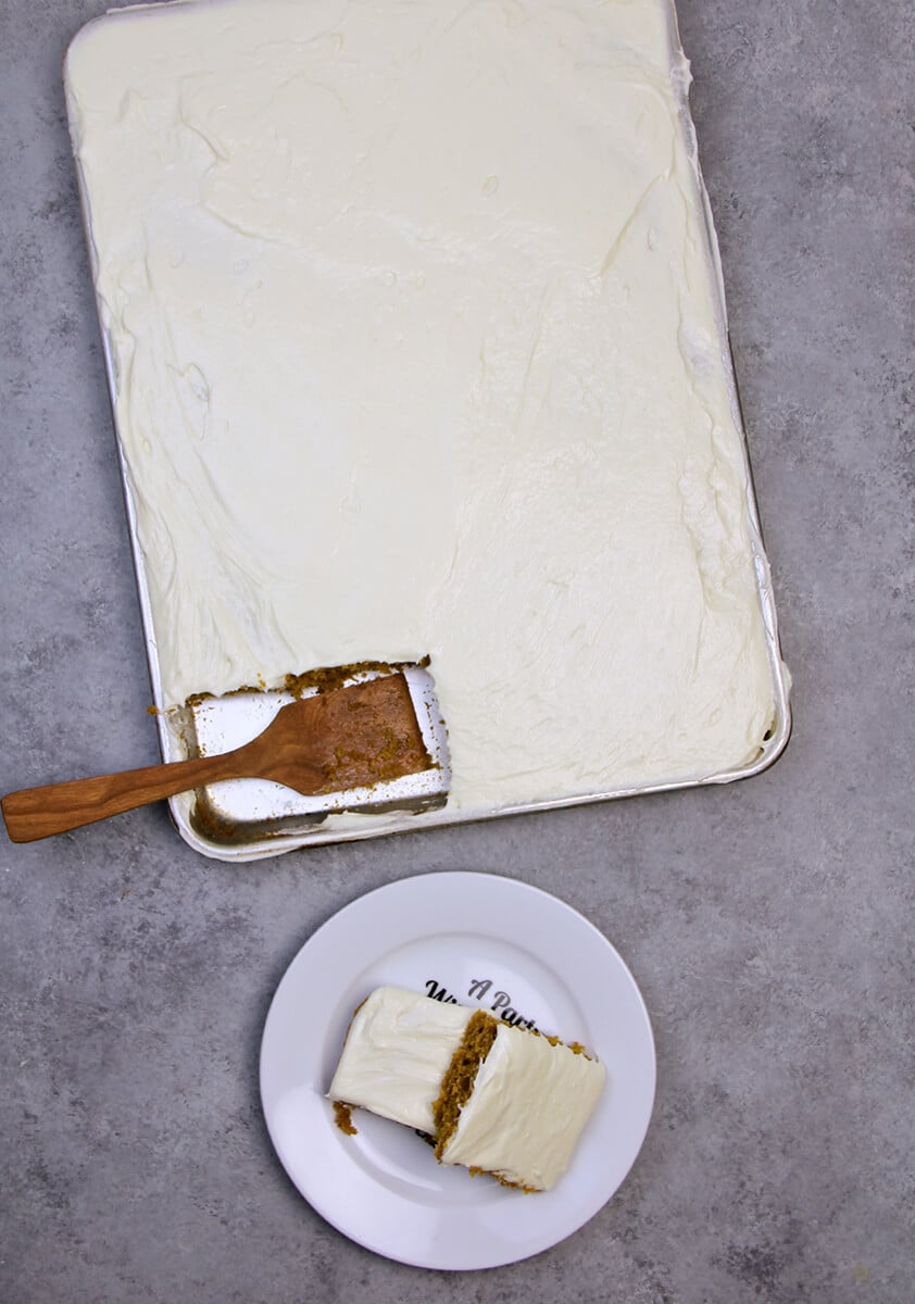 Overhead view of frosted pumpkin sheet cake.