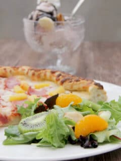 Hawaiian Salad with Freschetta Canadian Bacon and Pineapple pizza makes a fun and quick dinner!