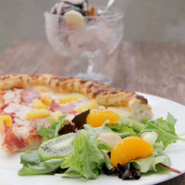 Hawaiian Salad with Freschetta Canadian Bacon and Pineapple pizza makes a fun and quick dinner!