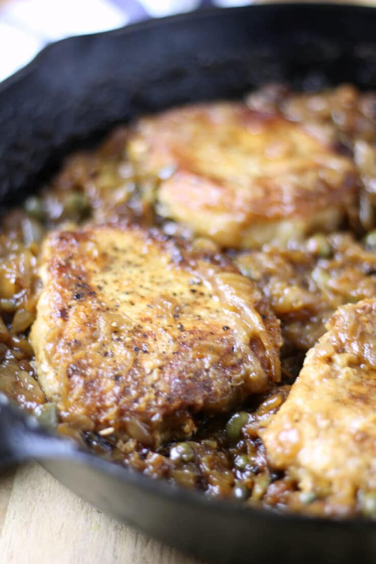 Pork Chops with Caramelized Onions, Capers, and White Wine