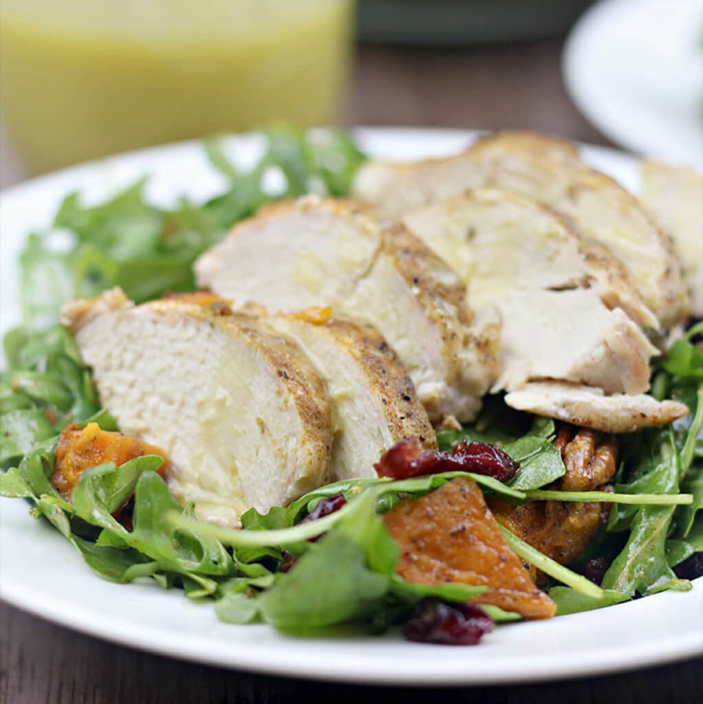 Arugula Salad with Roasted Sweet Potatoes, Chicken, and Honey-roasted Pecans--easy, one-pan meal!