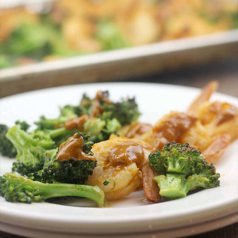 Broiled Shrimp and Vegetables with a spicy peanut sauce is a quick and easy recipe