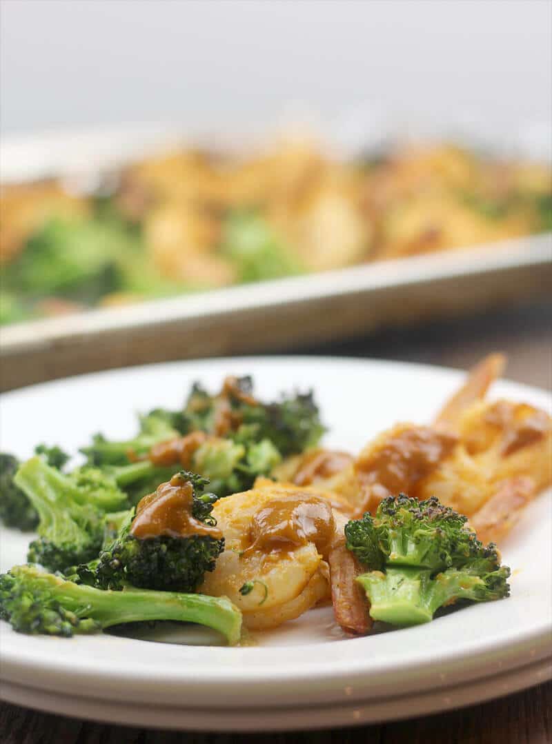 Broiled Shrimp with Vegetables and spicy peanut sauce.