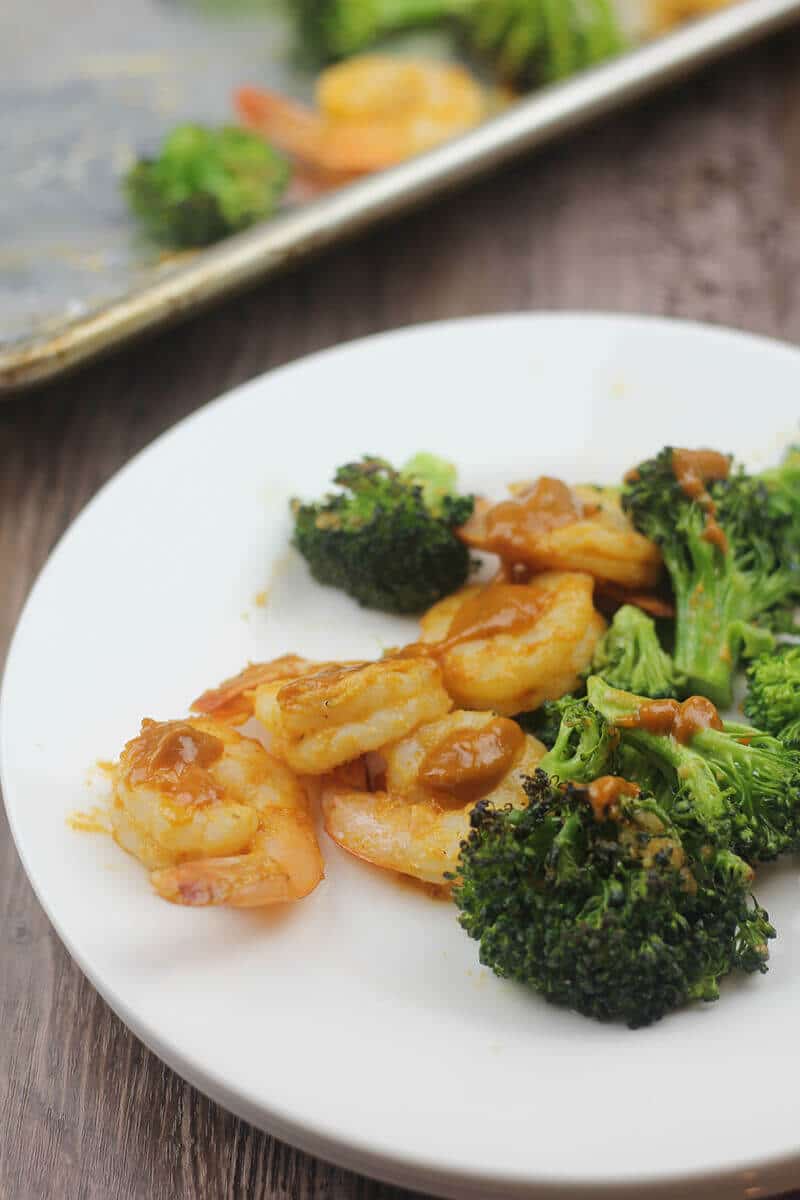 Spicy peanut sauce on Broiled Shrimp with Vegetables.