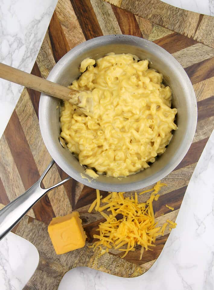 A pot of creamy stovetop mac and cheese.