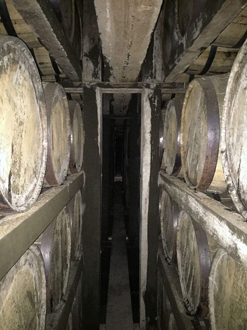 Rows of bourbon barrels at Buffalo Trace distillery.