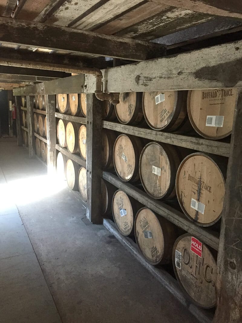 Kentucky Travel Guide showing Barrels in storage at the Buffalo Trace Distillery.