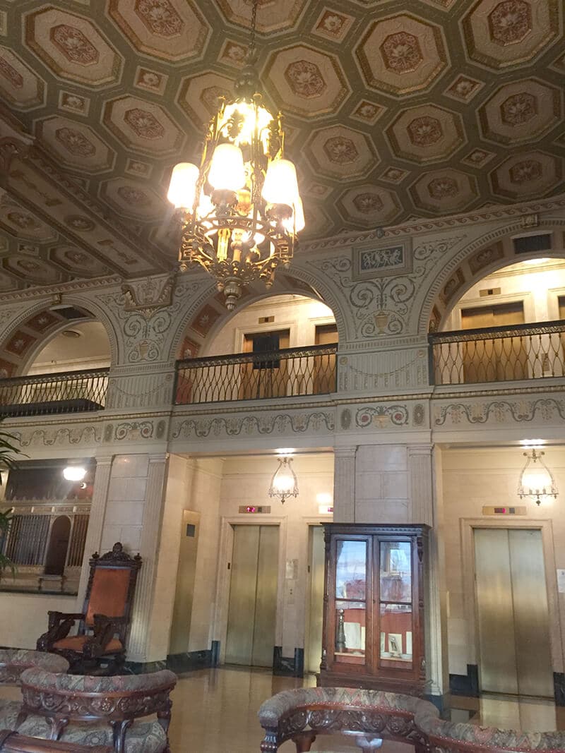 Kentucky Travel Guide showing The ceiling in the lobby at the Brown Hotel.