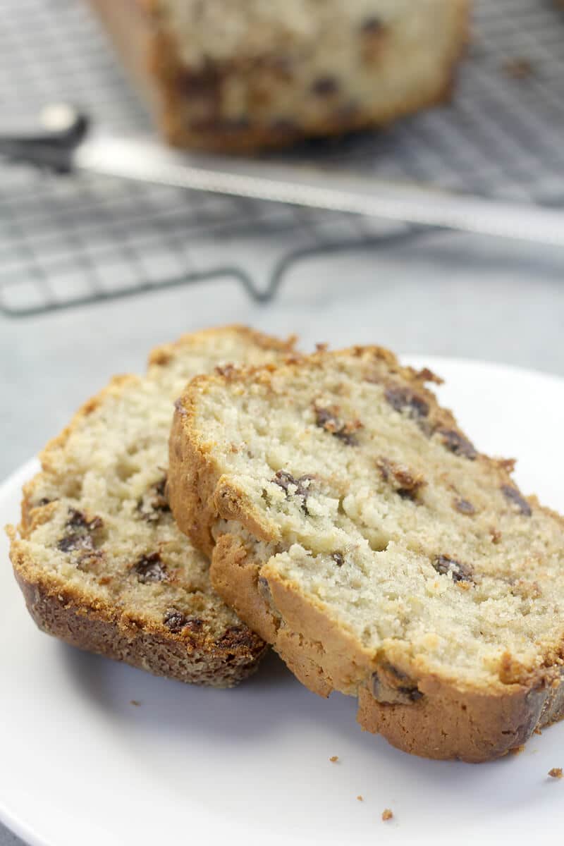 Slices of chocolate chip banana bread on a plate. 