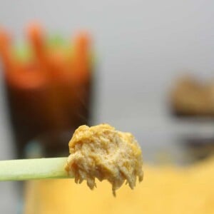 Closeup of Buffalo Chicken Dip on a piece of celery.