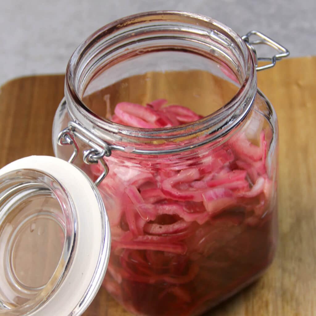 A jar of pickled red onions -- so easy to make!