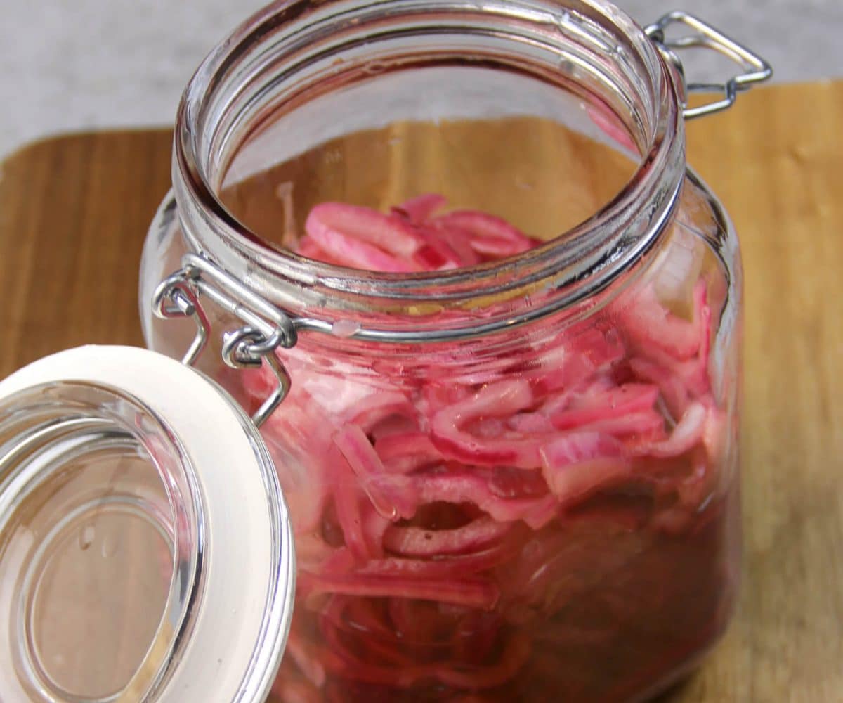 A jar of pickled red onions -- so easy to make!
