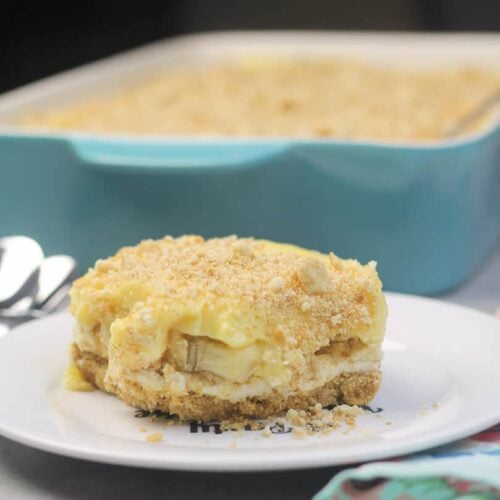 Serving of cream cheese banana pudding on a plate.