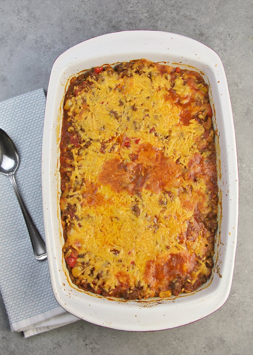 Overhead photo of a dish of baked Unstuffed Pepper Casserole.