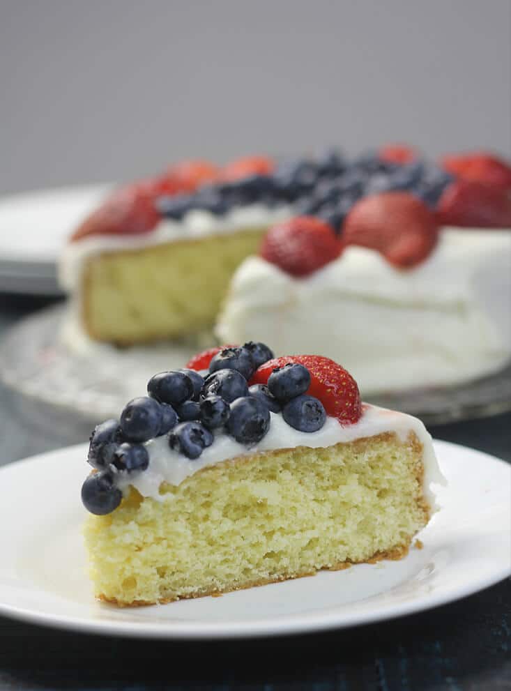 A slice of red white blue cake on a plate with berries.