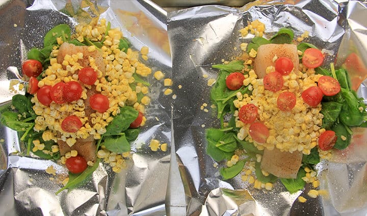 Fish fillets topped with corn and tomatoes to make oven baked fish.