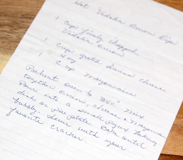 The handwritten recipe for Vidalia Onion Dip.