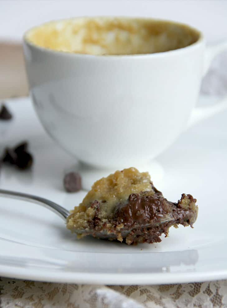 Closeup photo of a spoonful of chocolate chip cookie in a mug on a white plate.