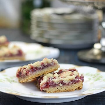 Featured photo of raspberry bars on a plate for the Recipes page.